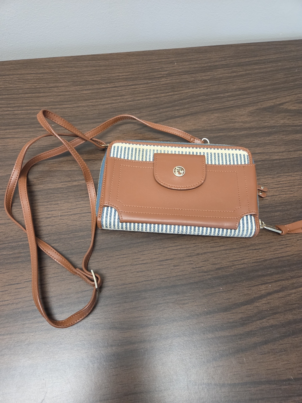 Spartina Classic Tan Crossbody Wallet Bag with Blue Stripe Accents